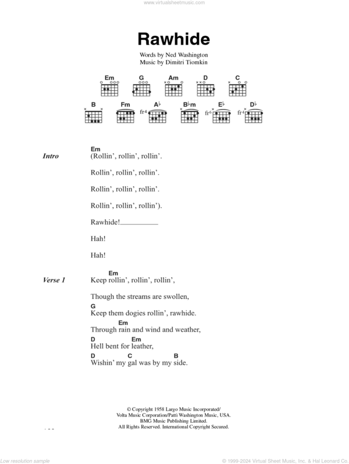 Rawhide sheet music for guitar (chords) by The Blues Brothers, Dimitri Tiomkin and Ned Washington, intermediate skill level