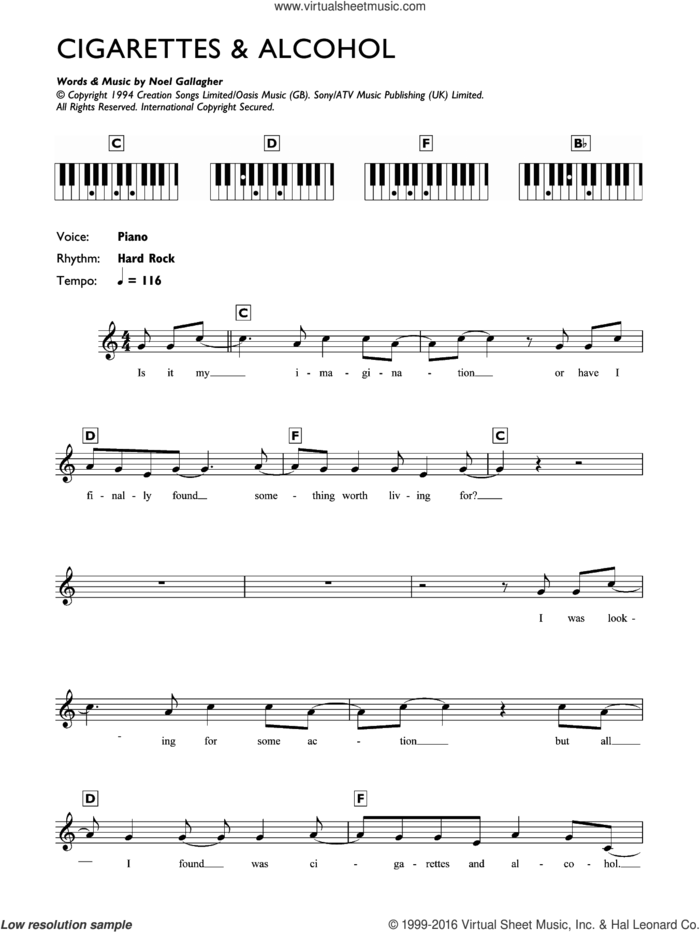 Cigarettes and Alcohol sheet music for piano solo (chords, lyrics, melody) by Oasis and Noel Gallagher, intermediate piano (chords, lyrics, melody)