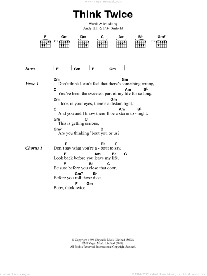 Think Twice sheet music for guitar (chords) by Celine Dion, Andy Hill and Pete Sinfield, intermediate skill level