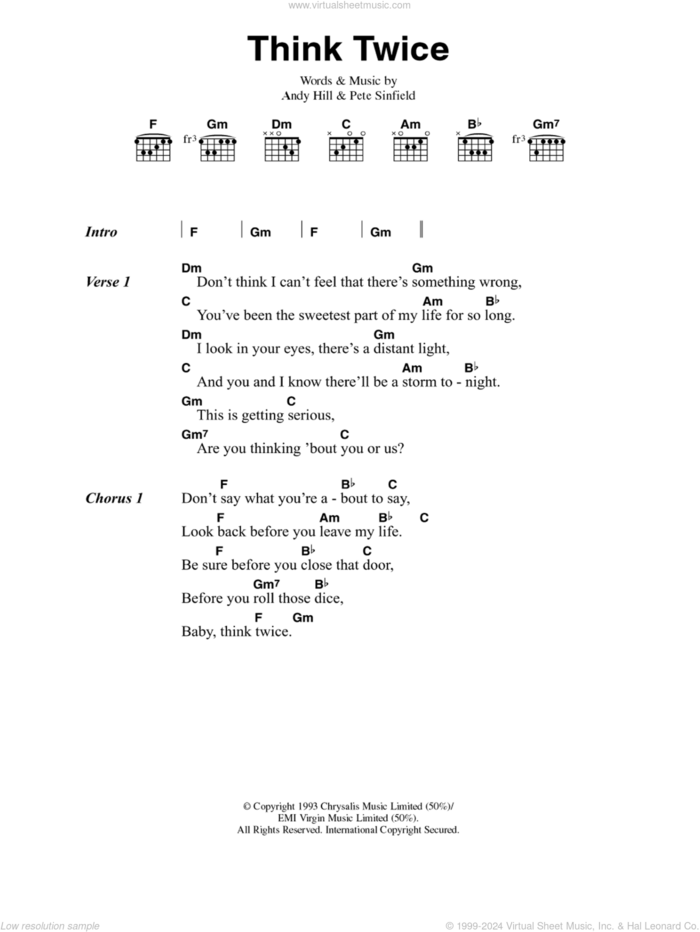 Think Twice sheet music for guitar (chords) by Celine Dion, Andy Hill and Pete Sinfield, intermediate skill level