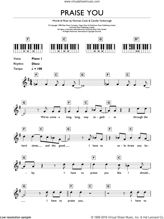 Praise You sheet music for piano solo (chords, lyrics, melody) by Fatboy Slim, Camille Yarborough and Norman Cook, intermediate piano (chords, lyrics, melody)