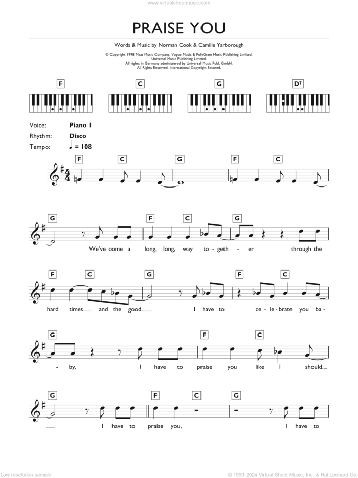 Praise You sheet music for piano solo (chords, lyrics, melody) by Fatboy Slim, Camille Yarborough and Norman Cook, intermediate piano (chords, lyrics, melody)