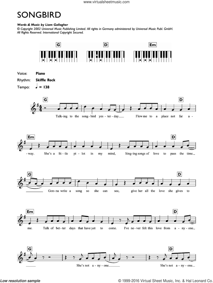 Songbird sheet music for piano solo (chords, lyrics, melody) by Oasis and Liam Gallagher, intermediate piano (chords, lyrics, melody)