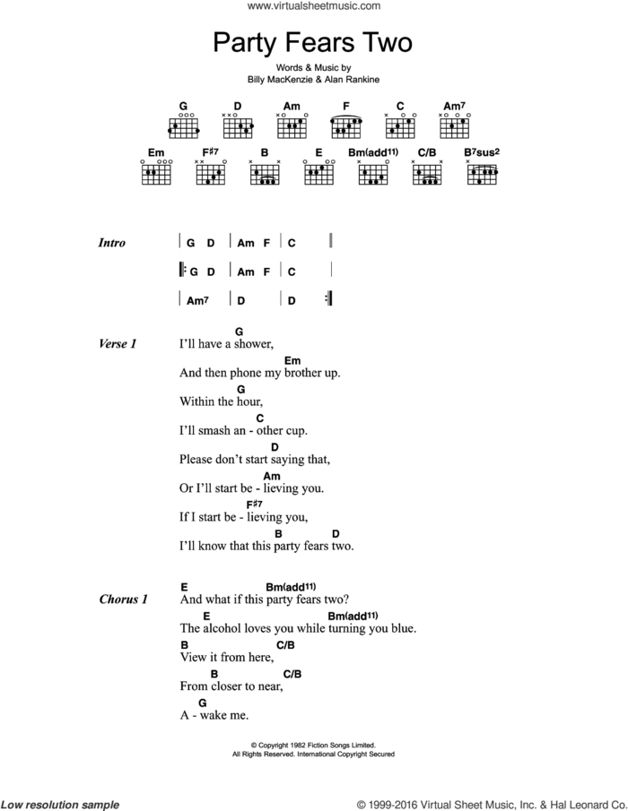 Party Fears Two sheet music for guitar (chords) by The Associates, Alan Rankine and Billy MacKenzie, intermediate skill level