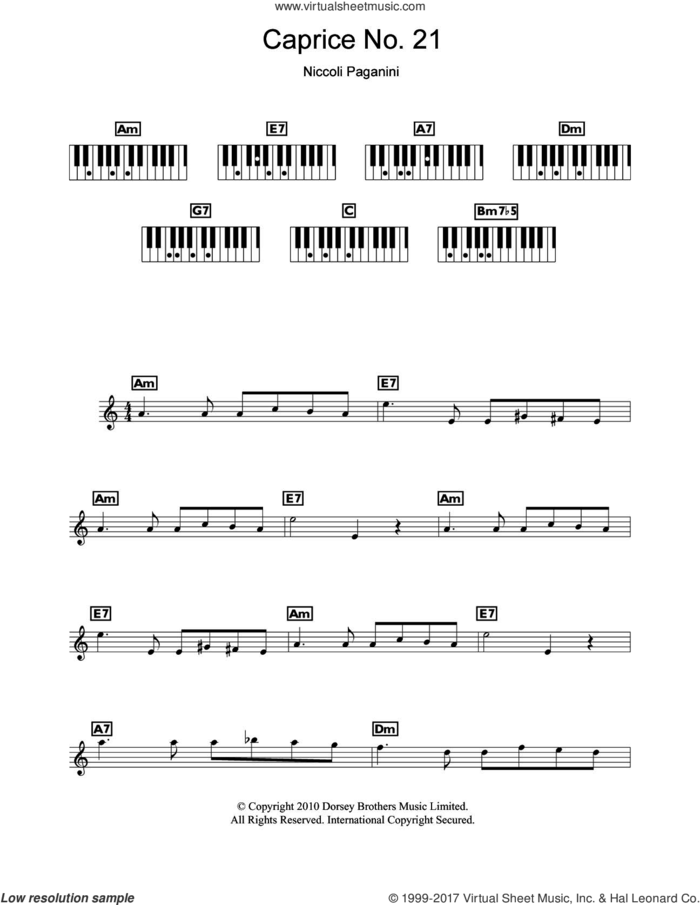 Caprice No. 21 sheet music for piano solo (chords, lyrics, melody) by Nicolo Paganini, classical score, intermediate piano (chords, lyrics, melody)