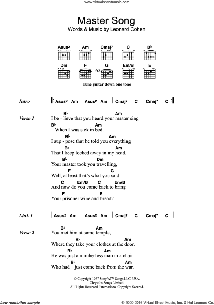 Master Song sheet music for guitar (chords) by Leonard Cohen, intermediate skill level
