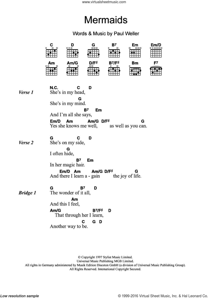 Mermaids sheet music for guitar (chords) by Paul Weller, intermediate skill level