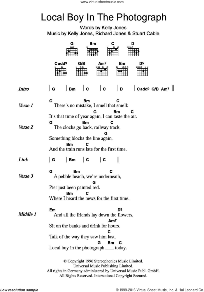 Local Boy In The Photograph sheet music for guitar (chords) by Stereophonics, Kelly Jones, Richard Jones and Stuart Cable, intermediate skill level