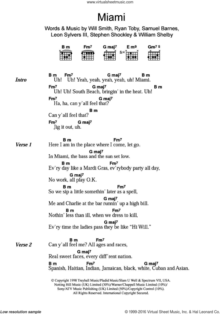 Miami sheet music for guitar (chords) by Will Smith, Leon Sylvers III, Ryan Toby, Samuel Barnes, Stephen Shockley and William Shelby, intermediate skill level