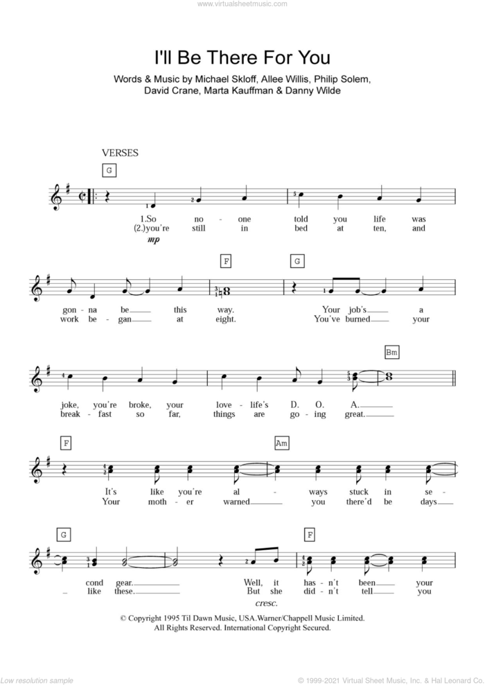 I'll Be There For You (theme from Friends) sheet music for piano solo (chords, lyrics, melody) by The Rembrandts, Allee Willis, Danny Wilde, David Crane, Marta Kauffman, Michael Skloff and Philip Solem, intermediate piano (chords, lyrics, melody)