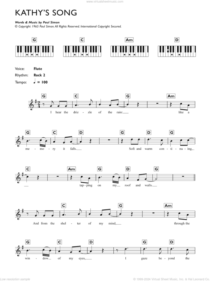 Kathy's Song sheet music for piano solo (chords, lyrics, melody) by Simon & Garfunkel and Paul Simon, intermediate piano (chords, lyrics, melody)