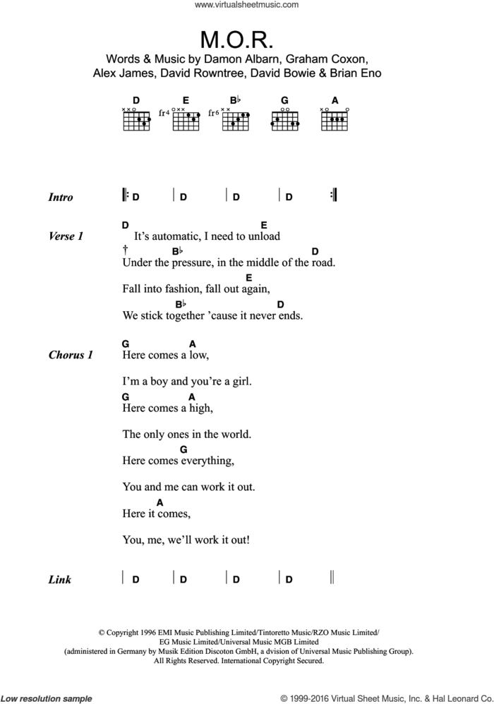 M.O.R. sheet music for guitar (chords) by Blur, Alex James, Brian Eno, Damon Albarn, David Bowie, David Rowntree and Graham Coxon, intermediate skill level