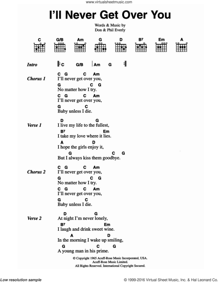 I'll Never Get Over You sheet music for guitar (chords) by The Everly Brothers, Don Everly and Phil Everly, intermediate skill level