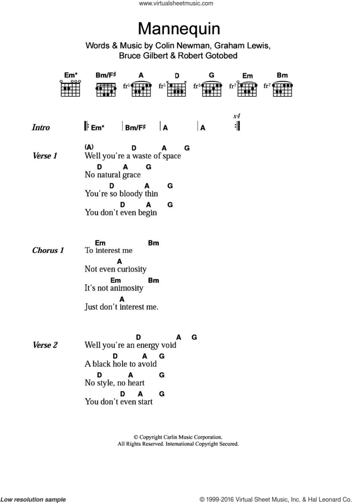 Mannequin sheet music for guitar (chords) by WIRE, Bruce Gilbert, Colin Newman, Graham Lewis and Robert Gotobed, intermediate skill level