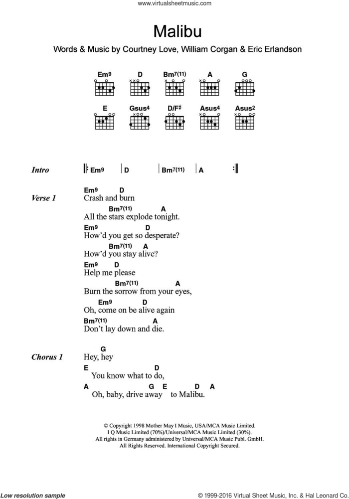 Malibu sheet music for guitar (chords) by Hole, Billy Corgan, Courtney Love and Eric Erlandson, intermediate skill level