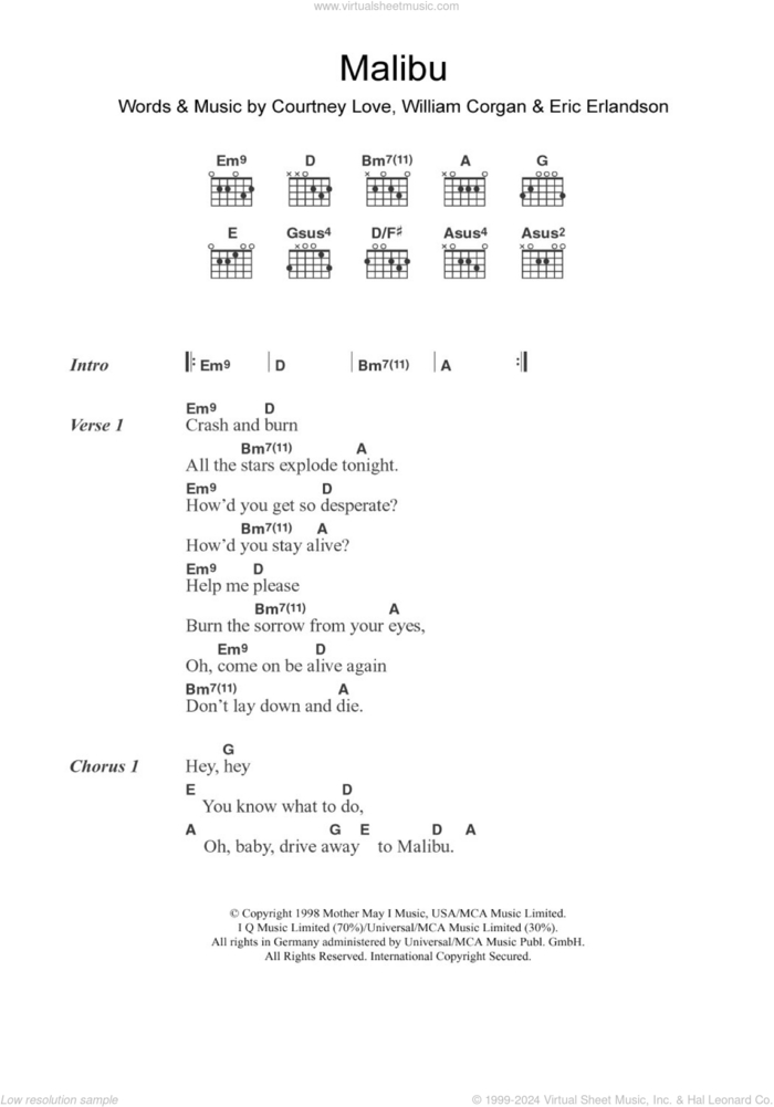 Malibu sheet music for guitar (chords) by Hole, Billy Corgan, Courtney Love and Eric Erlandson, intermediate skill level