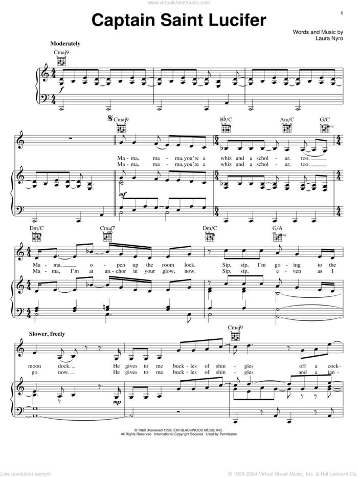 Captain Saint Lucifer sheet music for voice, piano or guitar by Laura Nyro, intermediate skill level