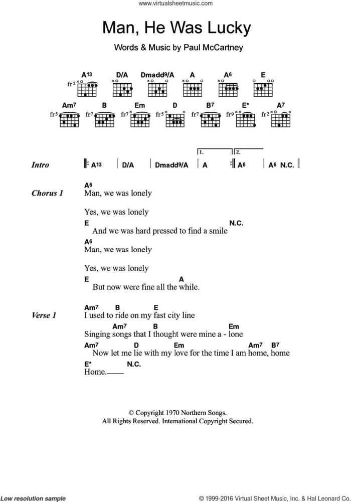 Man He Was Lucky sheet music for guitar (chords) by Paul McCartney, intermediate skill level