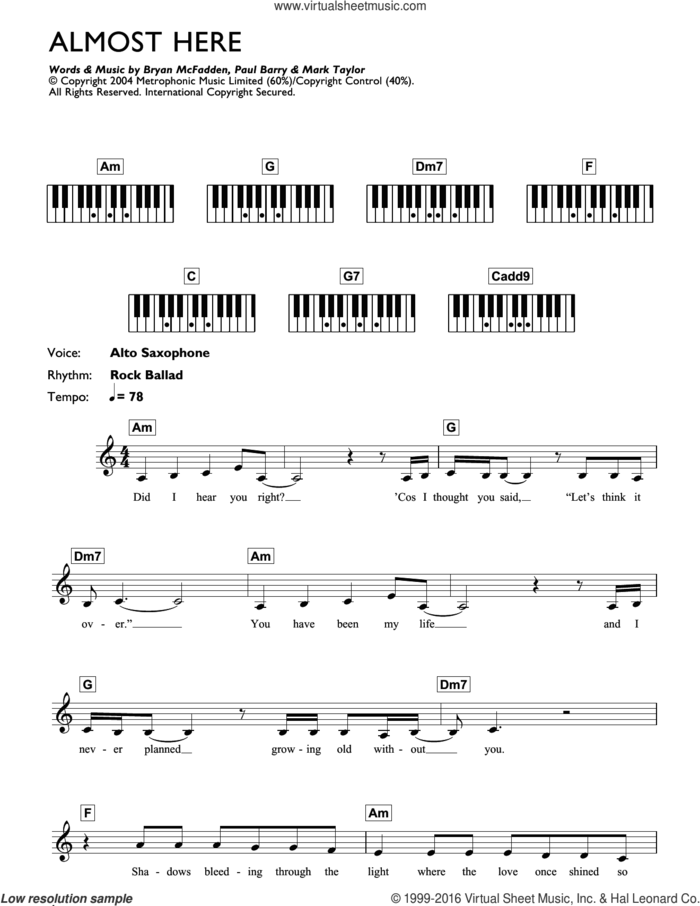 Almost Here sheet music for piano solo (chords, lyrics, melody) by Brian McFadden, Delta Goodrem, Mark Taylor and Paul Barry, intermediate piano (chords, lyrics, melody)