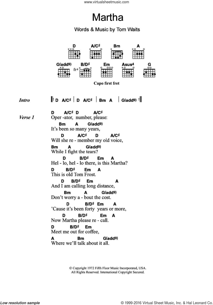 Martha sheet music for guitar (chords) by Tom Waits, intermediate skill level