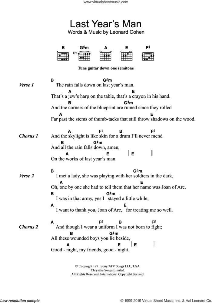 Last Year's Man sheet music for guitar (chords) by Leonard Cohen, intermediate skill level