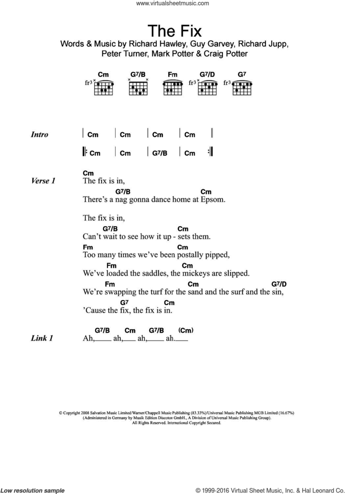 The Fix (featuring Richard Hawley) sheet music for guitar (chords) by Elbow, Craig Potter, Guy Garvey, Mark Potter, Peter Turner, Richard Hawley and Richard Jupp, intermediate skill level