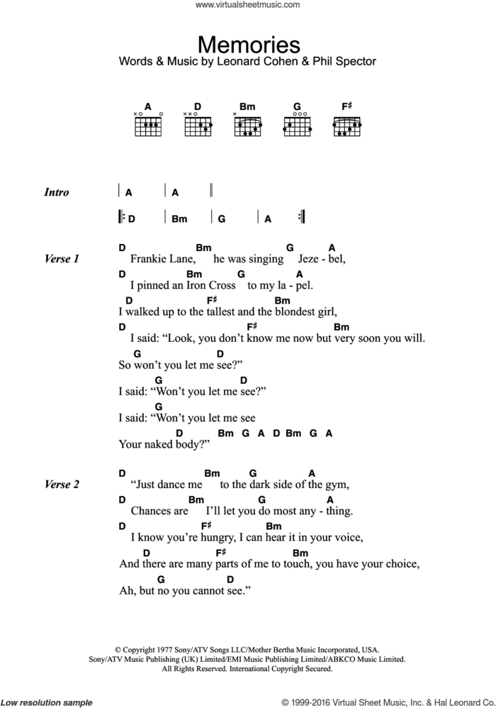 Memories sheet music for guitar (chords) by Leonard Cohen and Phil Spector, intermediate skill level