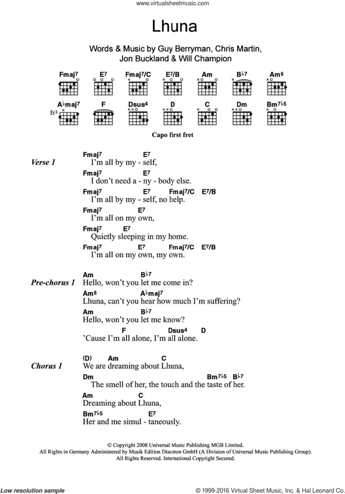 Lhuna (featuring Kylie Minogue) sheet music for guitar (chords) by Coldplay, Kylie Minogue, Chris Martin, Guy Berryman, Jonny Buckland and Will Champion, intermediate skill level