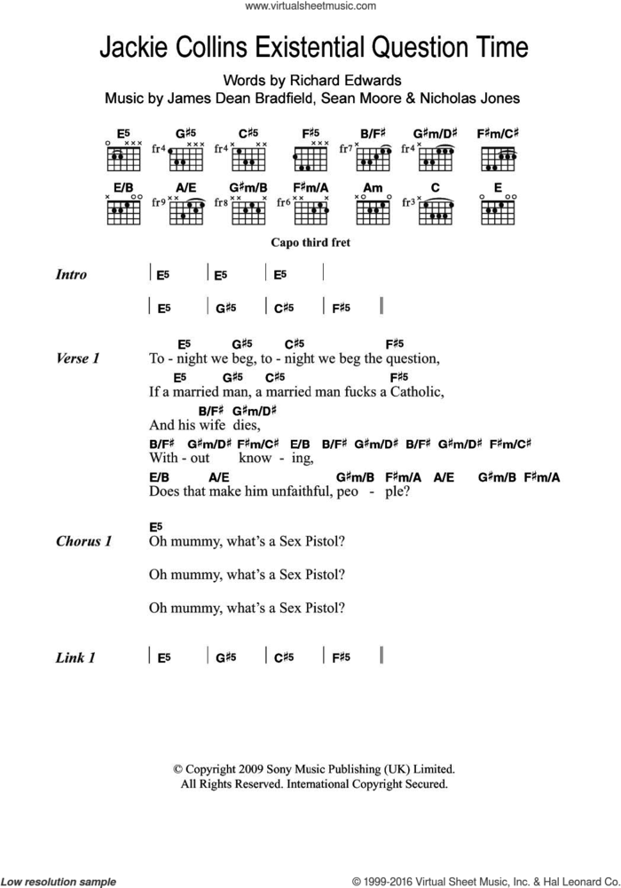 Jackie Collins Existential Question Time sheet music for guitar (chords) by Manic Street Preachers, James Dean Bradfield, Nick Jones, Richey Edwards and Sean Moore, intermediate skill level