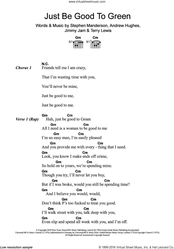 Just Be Good To Green (featuring Lily Allen) sheet music for guitar (chords) by Professor Green, Lily Allen, Andrew Hughes, Jimmy Jam, Stephen Manderson and Terry Lewis, intermediate skill level