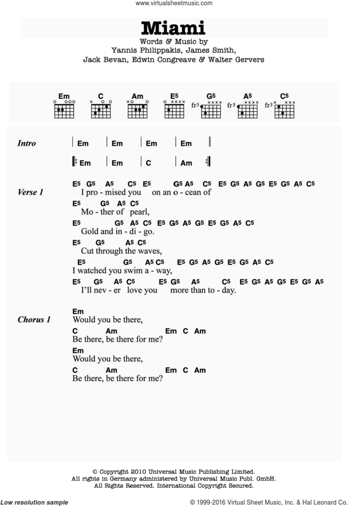Miami sheet music for guitar (chords) by Foals, Edwin Congreave, Jack Bevan, James Smith, Walter Gervers and Yannis Philippakis, intermediate skill level