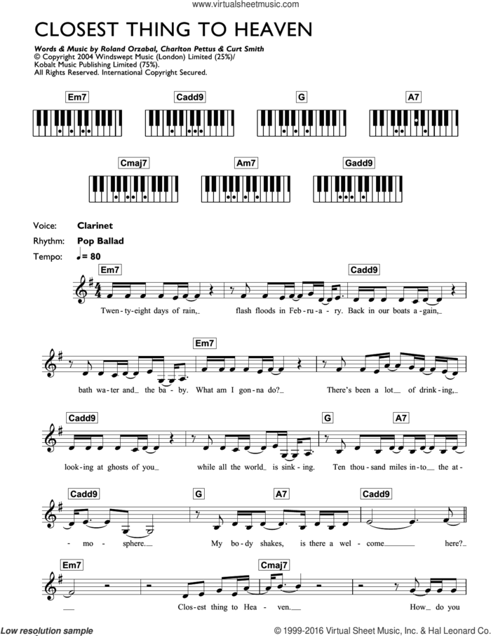 Closest Thing To Heaven sheet music for piano solo (chords, lyrics, melody) by Tears For Fears, Dave Brewis and Martin Brammer, intermediate piano (chords, lyrics, melody)