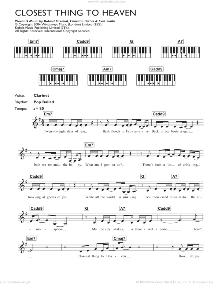 Closest Thing To Heaven sheet music for piano solo (chords, lyrics, melody) by Tears For Fears, Dave Brewis and Martin Brammer, intermediate piano (chords, lyrics, melody)