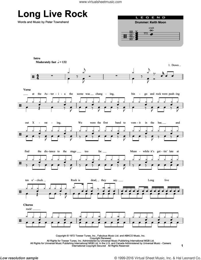 Long Live Rock sheet music for drums by The Who and Pete Townshend, intermediate skill level