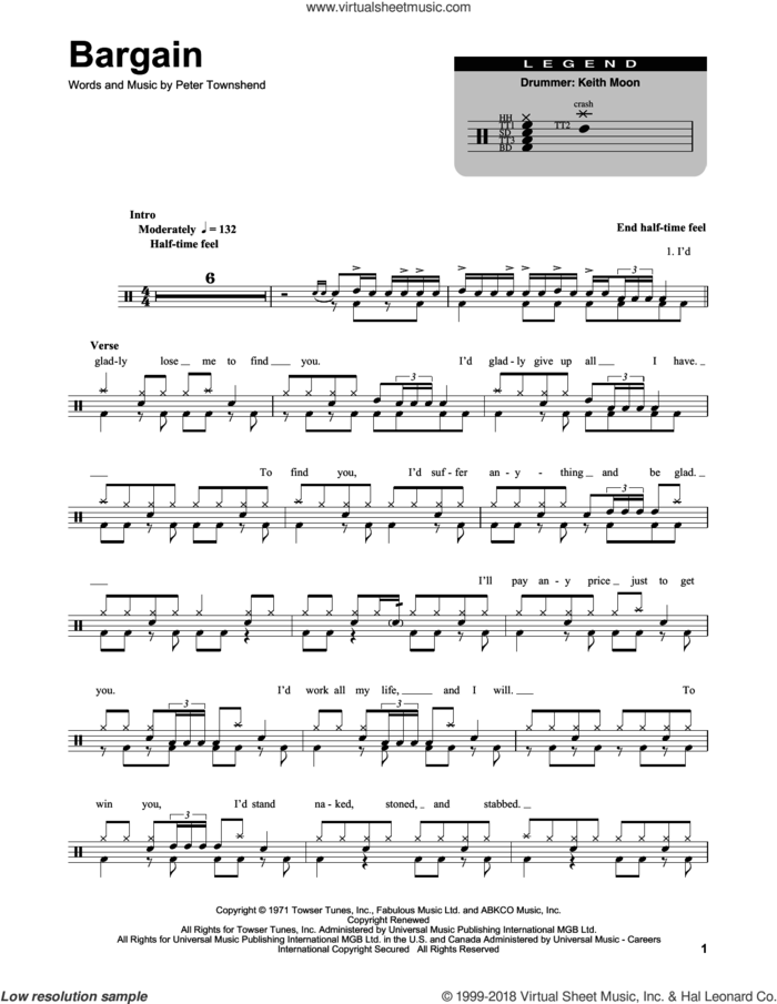 Bargain sheet music for drums by The Who and Pete Townshend, intermediate skill level