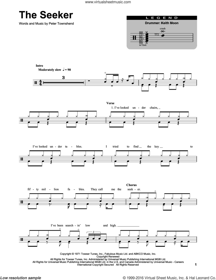 The Seeker sheet music for drums by The Who and Pete Townshend, intermediate skill level