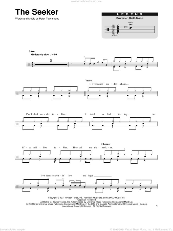 The Seeker sheet music for drums by The Who and Pete Townshend, intermediate skill level