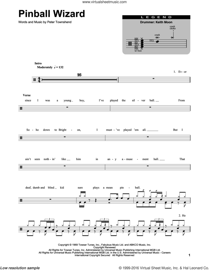 Pinball Wizard sheet music for drums by The Who and Pete Townshend, intermediate skill level