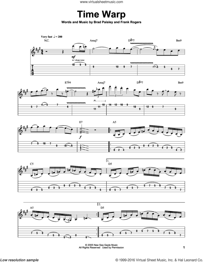 Time Warp sheet music for guitar (tablature, play-along) by Brad Paisley and Frank Rogers, intermediate skill level