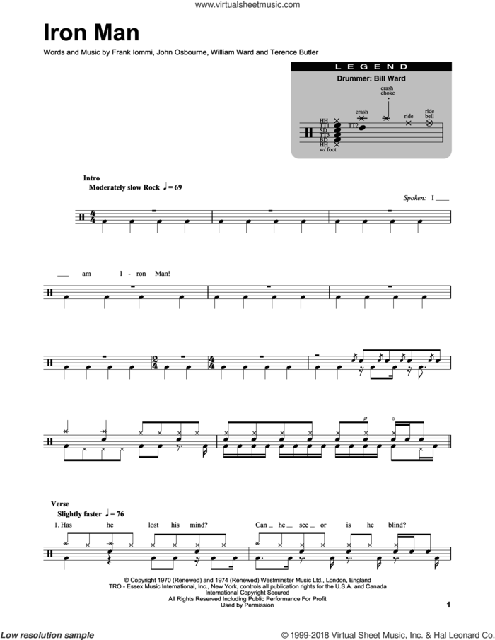 Iron Man sheet music for drums by Black Sabbath, Frank Iommi, John Osbourne, Terence Butler and William Ward, intermediate skill level
