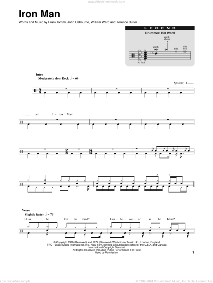 Iron Man sheet music for drums by Black Sabbath, Frank Iommi, John Osbourne, Terence Butler and William Ward, intermediate skill level