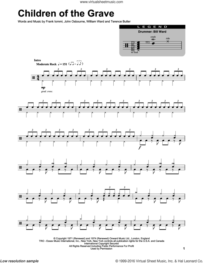 Children Of The Grave sheet music for drums by Black Sabbath, Frank Iommi, John Osbourne, Terence Butler and William Ward, intermediate skill level