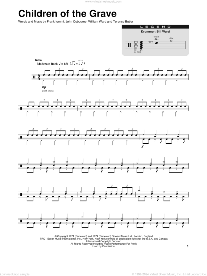 Children Of The Grave sheet music for drums by Black Sabbath, Frank Iommi, John Osbourne, Terence Butler and William Ward, intermediate skill level