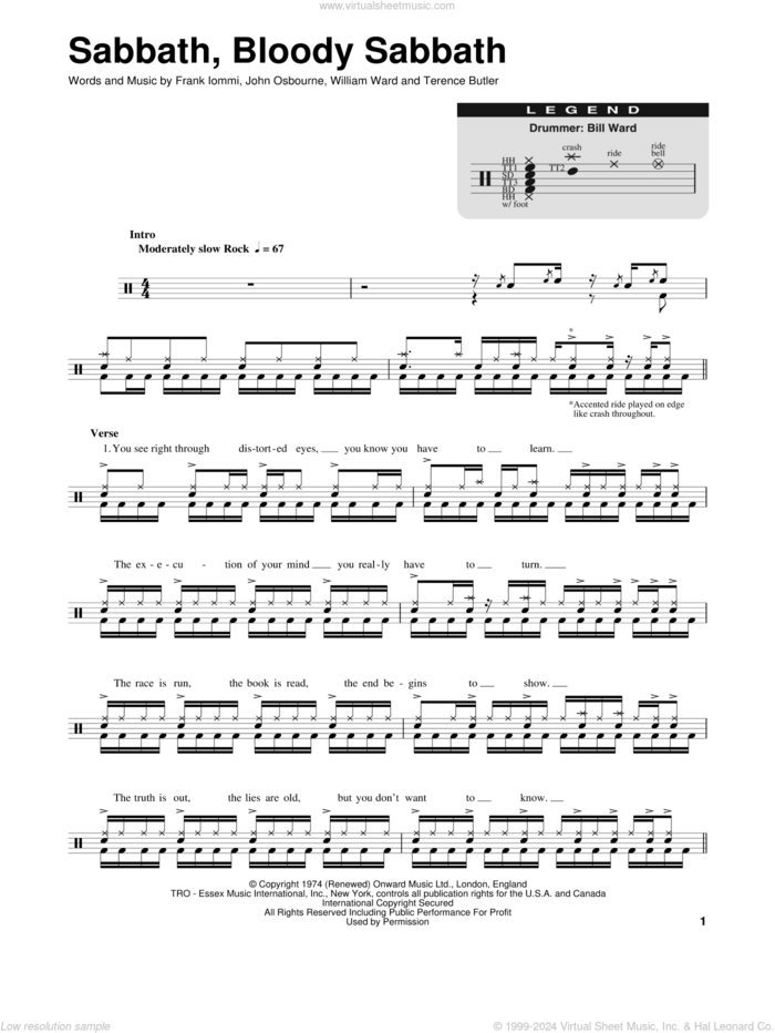 Sabbath, Bloody Sabbath sheet music for drums by Black Sabbath, Frank Iommi, John Osbourne, Terence Butler and William Ward, intermediate skill level