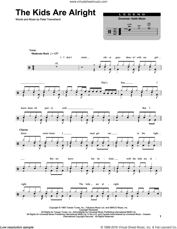 The Kids Are Alright sheet music for drums by The Who and Pete Townshend, intermediate skill level