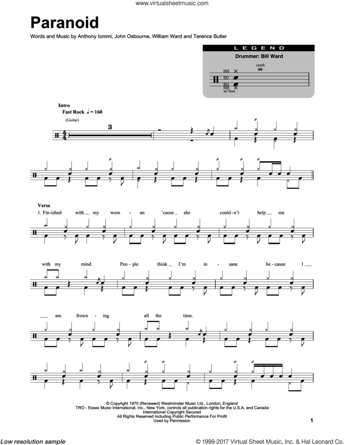 Paranoid sheet music for drums by Black Sabbath, Anthony Iommi, John Osbourne, Terence Butler and William Ward, intermediate skill level