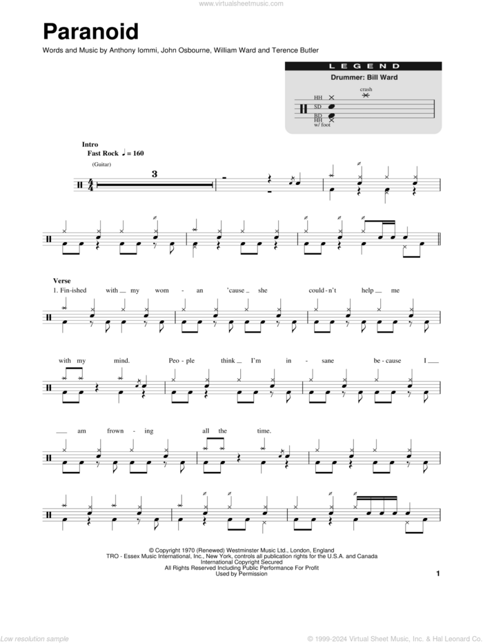 Paranoid sheet music for drums by Black Sabbath, Anthony Iommi, John Osbourne, Terence Butler and William Ward, intermediate skill level