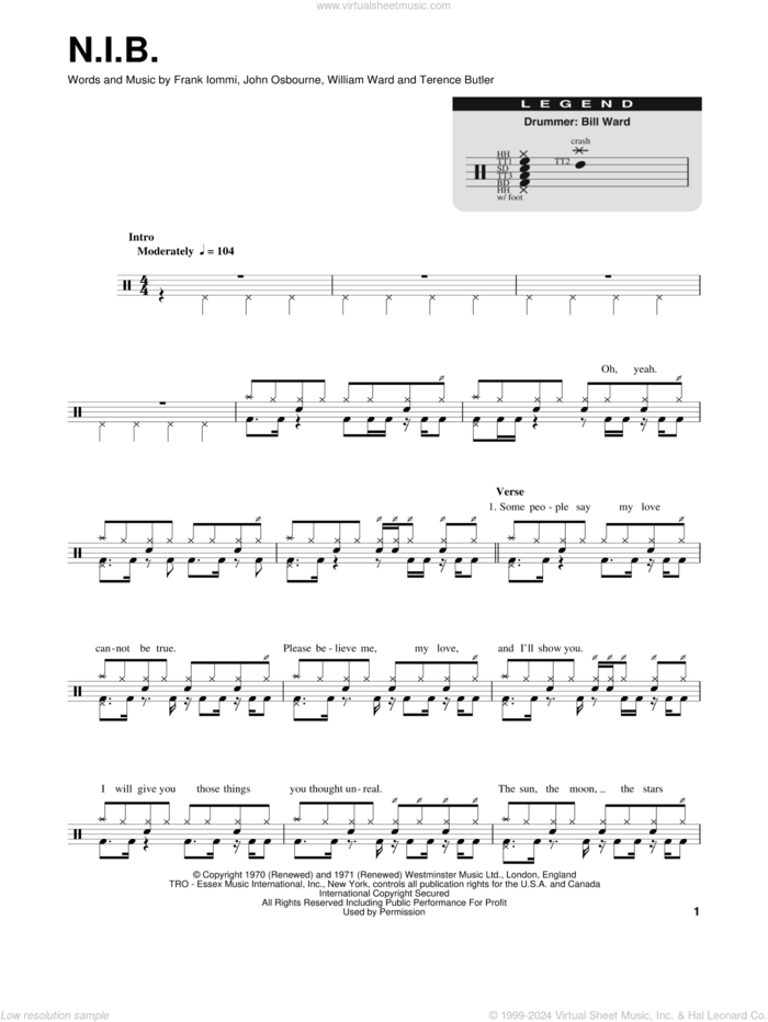 N.I.B. sheet music for drums by Black Sabbath, Frank Iommi, John Osbourne, Terence Butler and William Ward, intermediate skill level