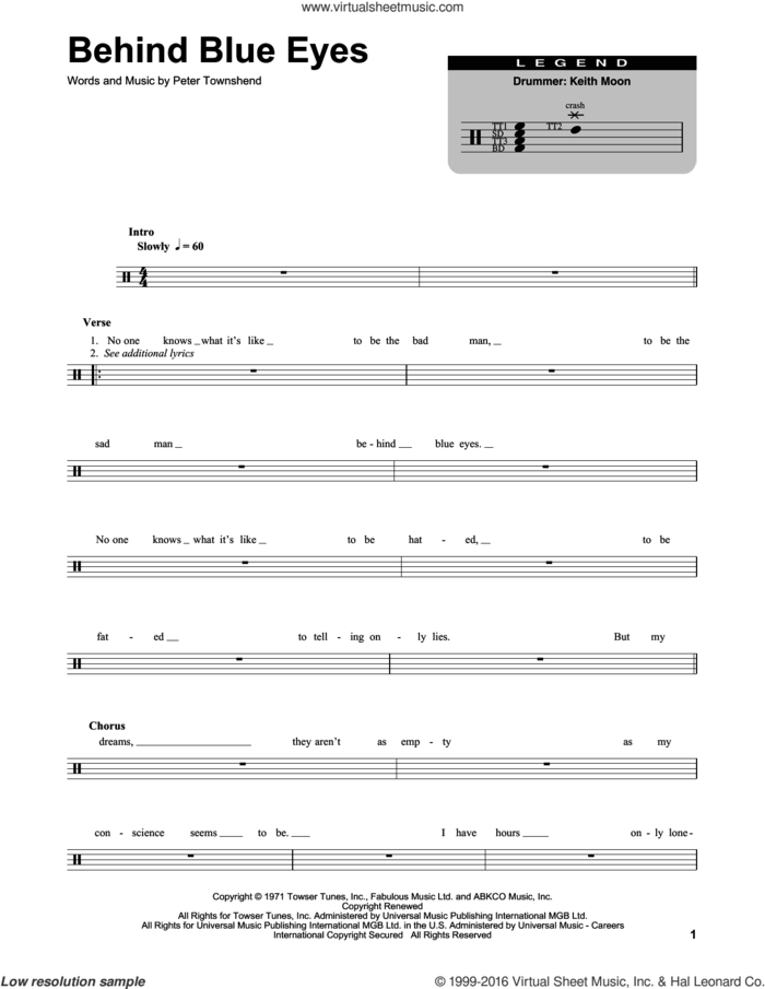 Behind Blue Eyes sheet music for drums by The Who and Pete Townshend, intermediate skill level