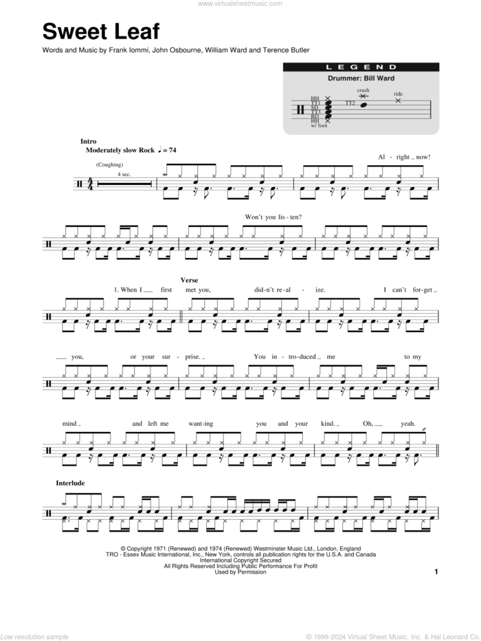 Sweet Leaf sheet music for drums by Black Sabbath, Frank Iommi, John Osbourne, Terence Butler and William Ward, intermediate skill level